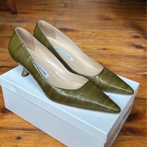 Manolo Blahnik Twixpla Eelskin Low-Heel Pump Green Leather Lining and Sole